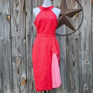 Cut Out Halter Dress BCBGMaxAzria Maryssa Size 10 Red/Orange Pink Stretch Ruffle